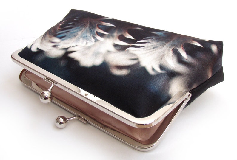 Silver leaves clutch bag, navy silk purse with chain handle image 3