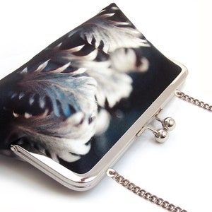 Silver leaves clutch bag, navy silk purse with chain handle image 2