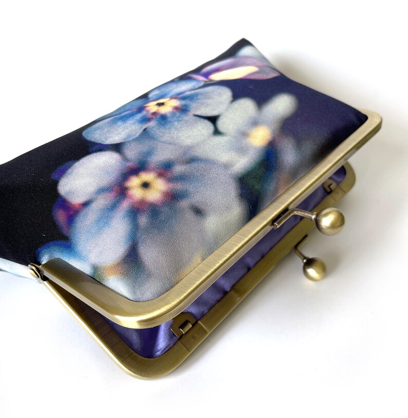 Forget-me-not clutch bag, silk purse, handbag with chain, something blue, petals image 4