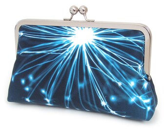 Blue star clutch purse, printed silk bag with silver chain handle