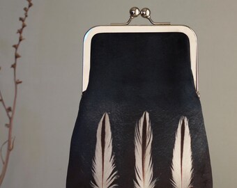 Oystercatcher feathers, velvet kisslock shoulder bag with crossbody strap