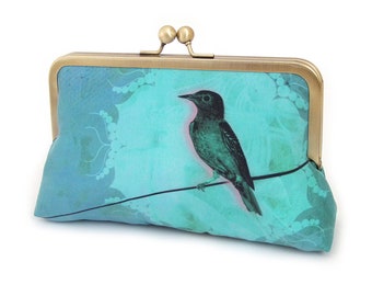Bird on a wire, silk clutch purse with optional chain handle