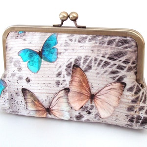 Blue Morpho butterfly clutch purse, silk bag with chain handle image 3