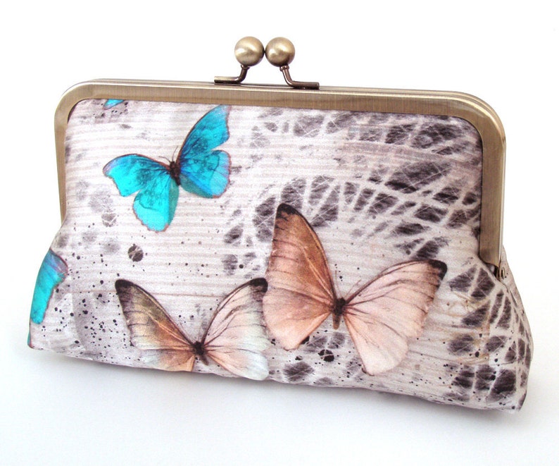 Blue Morpho butterfly clutch purse, silk bag with chain handle image 3