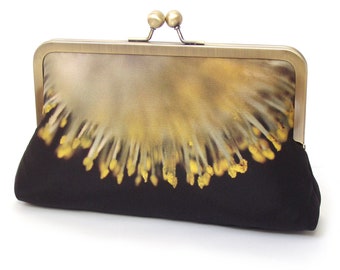 Yellow catkins clutch bag, sunburst blossom flower purse with chain handle