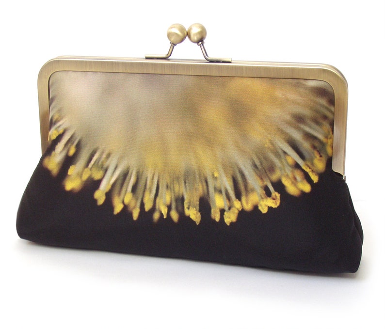 Yellow catkins clutch bag, sunburst blossom flower purse with chain handle image 1