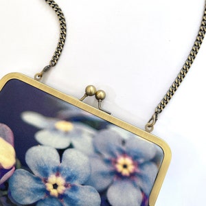 Forget-me-not clutch bag, silk purse, handbag with chain, something blue, petals image 2