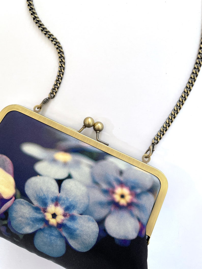 Forget-me-not clutch bag, silk purse, handbag with chain, something blue, petals image 2