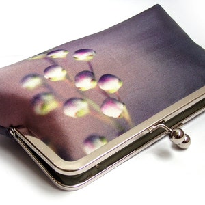 Lilac buds clutch bag, pink silk purse with silver chain handle image 4