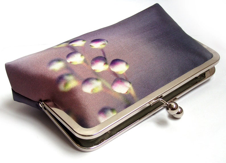 Lilac buds clutch bag, pink silk purse with silver chain handle image 4