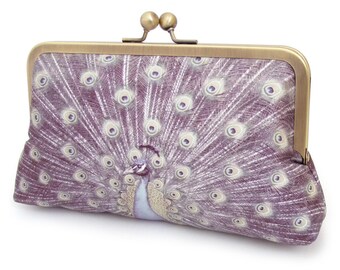 Purple peacock feather clutch bag, silk purse with chain handle