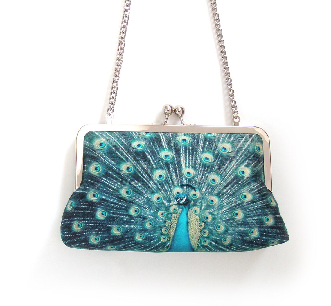 Peacock Feathers Clutch Bag Blue Green Printed Silk Purse Etsy