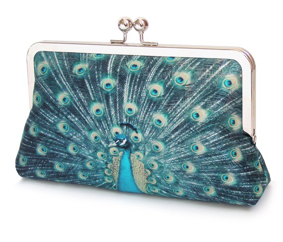 Peacock Feathers Clutch Bag Blue Green Printed Silk Purse With