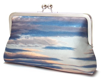 Clutch bag, sunset clouds, blue sky silk clutch with silver chain handle