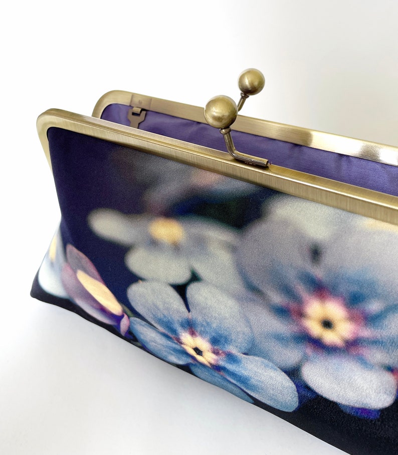 Forget-me-not clutch bag, silk purse, handbag with chain, something blue, petals image 5