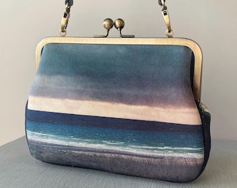Seascape, velvet clutch bag with shoulder strap - roomier size