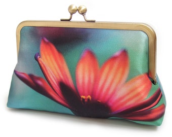 Orange daisy clutch bag, flower silk purse with chain handle