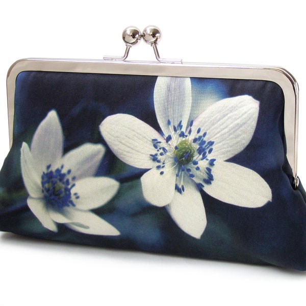 Windflowers silk clutch bag, printed silk purse with optional chain handle