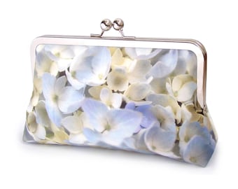 Hydrangea flower clutch bag with chain handle, silk purse, bridal pastel petals
