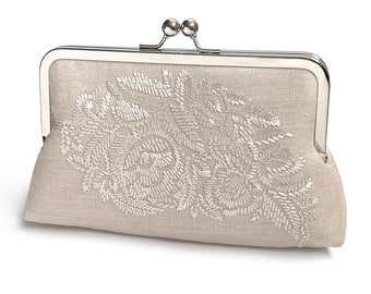 Linen belle, embroidered linen clutch bag with chain handle