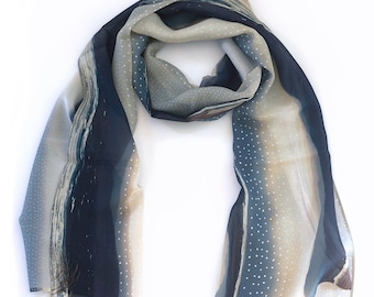 Printed silk chiffon scarf, blue stripe, storm seascape