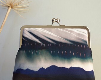 Storm feather, large kisslock bag with optional chain or crossbody leather strap