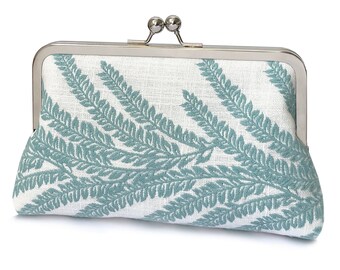 Blue fern, embroidered linen clutch bag with optional chain handle