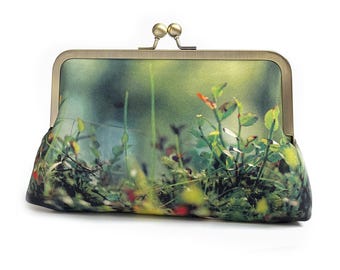 Woodland glade, silk clutch bag with optional chain handle