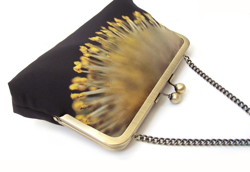 Yellow catkins clutch bag, sunburst blossom flower purse with chain handle image 3