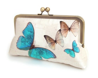Blue butterflies, silk clutch bag with optional chain handle