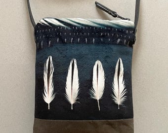 Oystercatcher feathers, crossbody velvet and waxed canvas phone bag