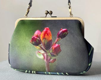 Flower buds, velvet clutch bag with shoulder strap - roomier size