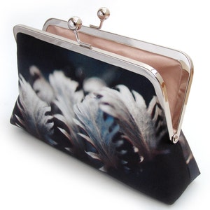 Silver leaves clutch bag, navy silk purse with chain handle image 4