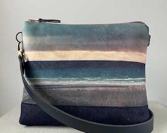 Seascape, velvet shoulder bag with leather strap