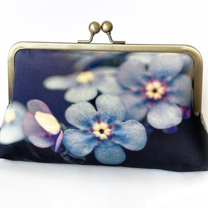 Forget-me-not clutch bag, silk purse, handbag with chain, something blue, petals image 1