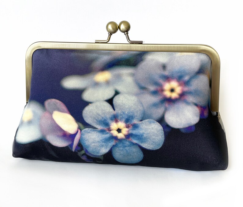 Forget-me-not clutch bag, silk purse, handbag with chain, something blue, petals image 1