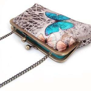 Blue Morpho butterfly clutch purse, silk bag with chain handle image 2