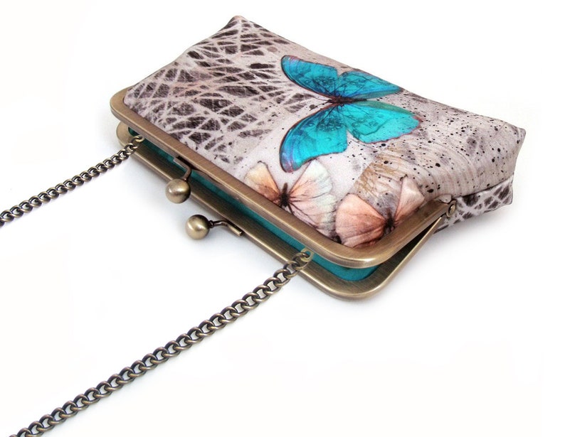 Blue Morpho butterfly clutch purse, silk bag with chain handle image 2