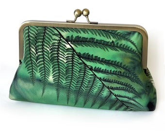 Ferns, clutch bag, printed silk leaf frond purse with chain handle