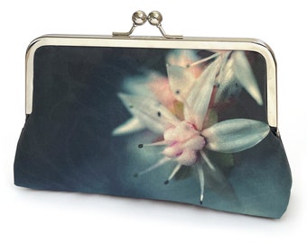 Starflower, printed silk clutch bag, flower purse with optional chain handle
