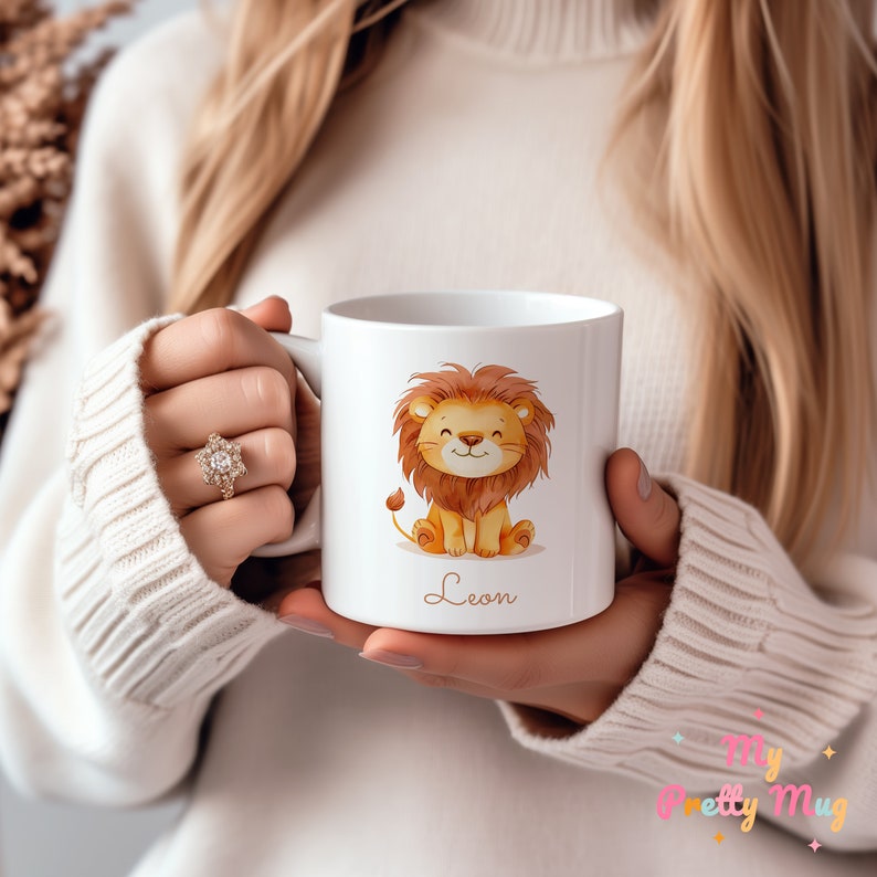 Lion Mug Personalized Lion Mug Custom Lion Mug Gift Ceramic Lion Mug Lion Coffee Mug Lion Coffee Cup Lion Tea Cup Ceramic Mug Gift For Kids, Ceramic Cute Lion Mug With Custom Name, Lion Mug For Kids, Personalized Name Childrens Cup, Birthday Gift