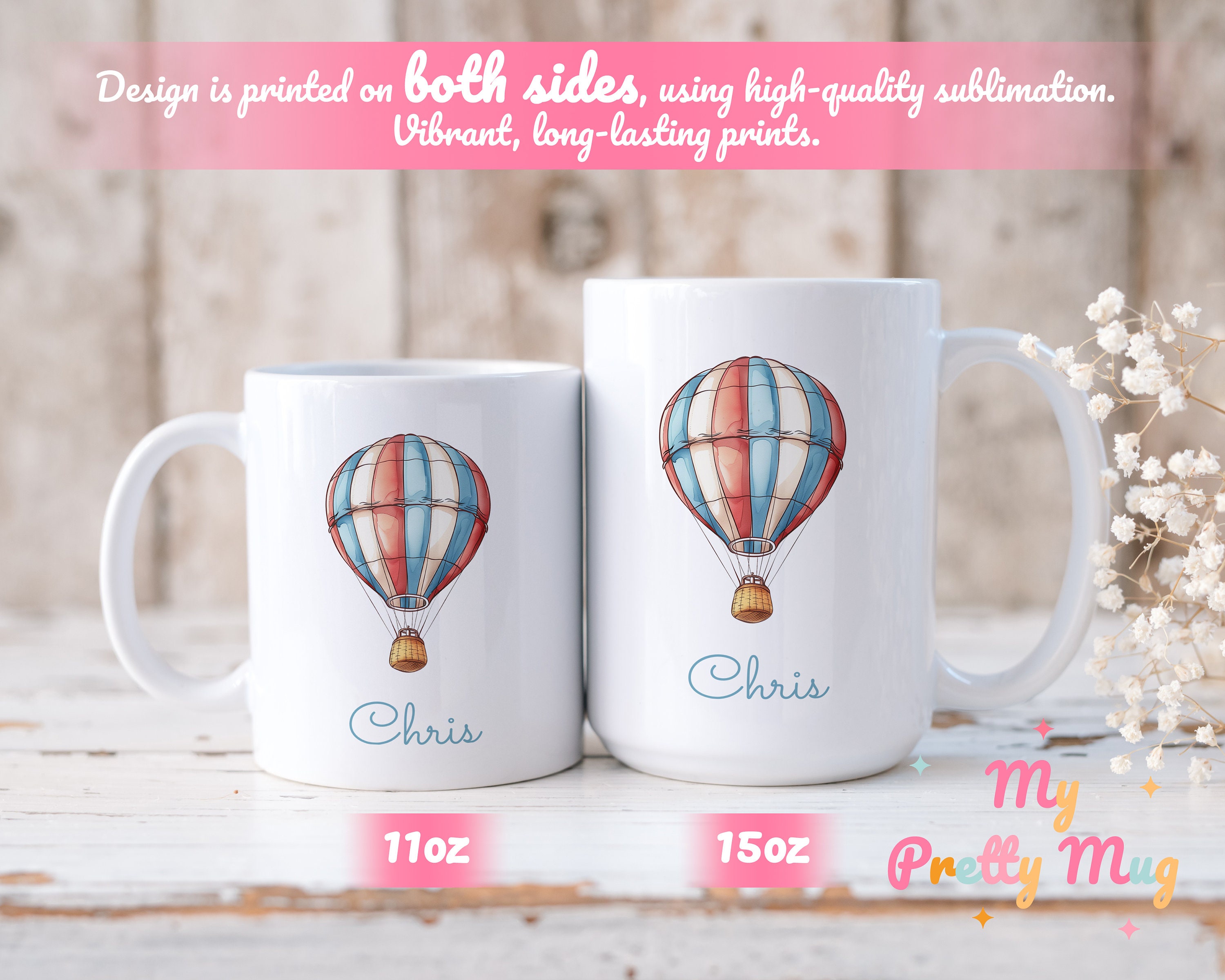 Personalized Hot Air Balloon Coffee Mug - Custom Name Porcelain Mug, Gift For Kids & Adventurers - View #11