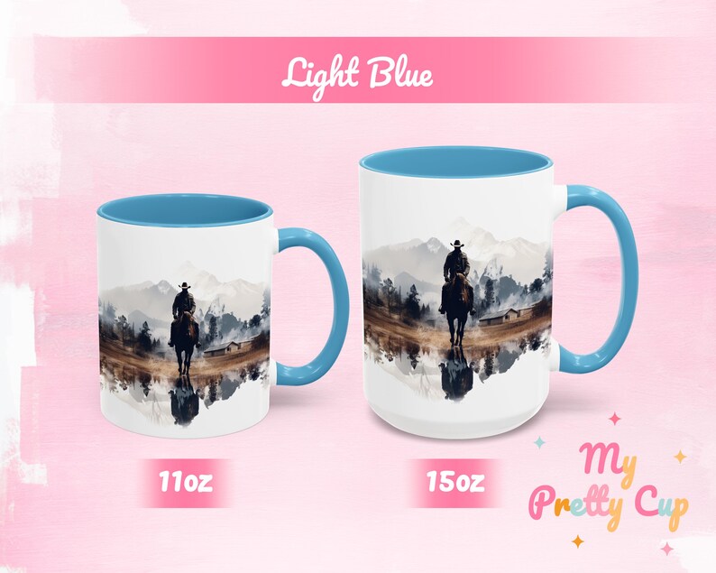 Light blue Cowboy tea cup with a colorful Western design, showing 11 oz and 15 oz options