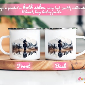 Front and back view of the Cowboy enamel mug with a colorful Western artwork on a wooden board