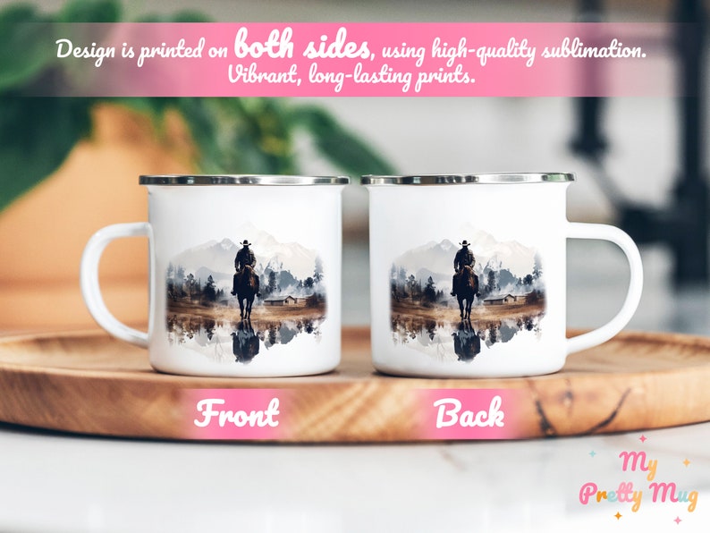 Front and back view of the Cowboy enamel mug with a colorful Western artwork on a wooden board