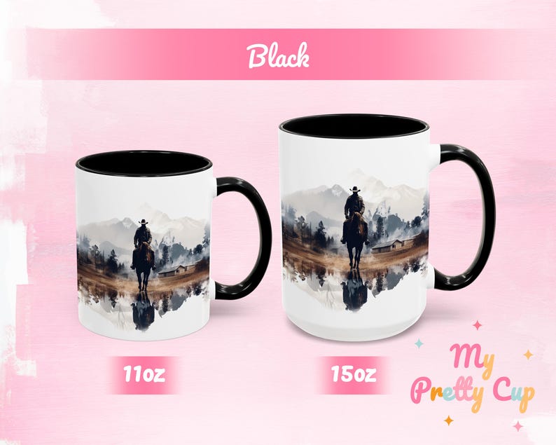 Black Cowboy coffee cup with a colorful Western design, available in 11 oz and 15 oz