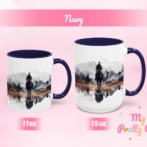 Navy Cowboy travel mug with a colorful Western design, showing 11 oz and 15 oz options