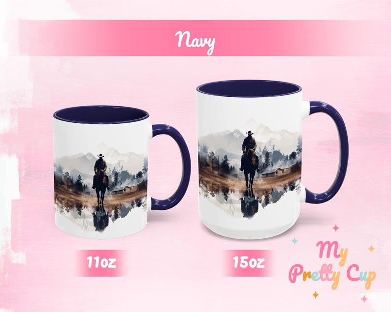Navy Cowboy travel mug with a colorful Western design, showing 11 oz and 15 oz options
