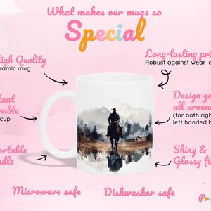 Cowboy coffee mug with a Western print, showing benefits that make our mugs so special