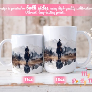 Cowboy mugs with a colorful Western artwork shown in 11 oz and 15 oz sizes